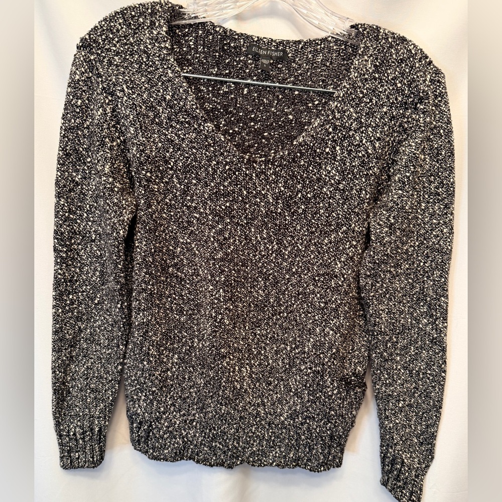 Eileen Fisher Size Small Wrapped Cotton Nubble V-Neck Sweater Marled Black